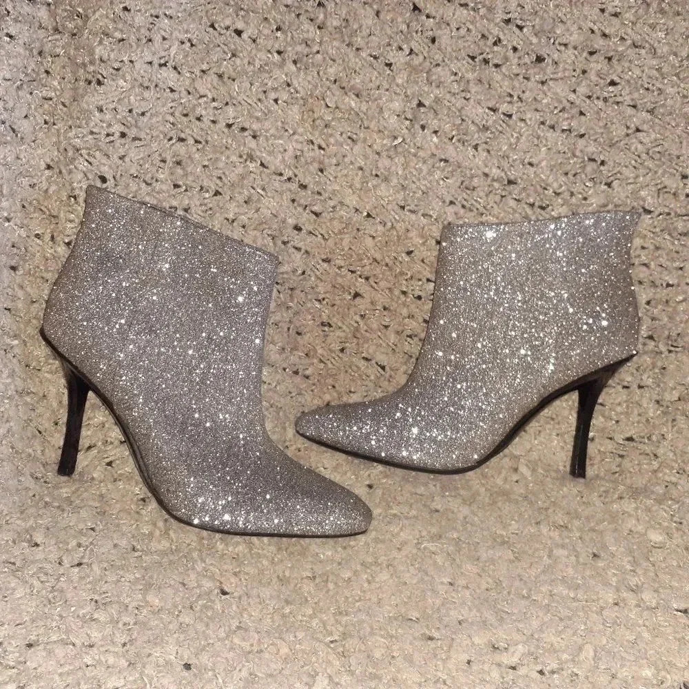 CALVIN KLEIN-Mim-Silver/Black Glitter Boots-Clubwear-Slim Heel-Sz 5.5-NWOB